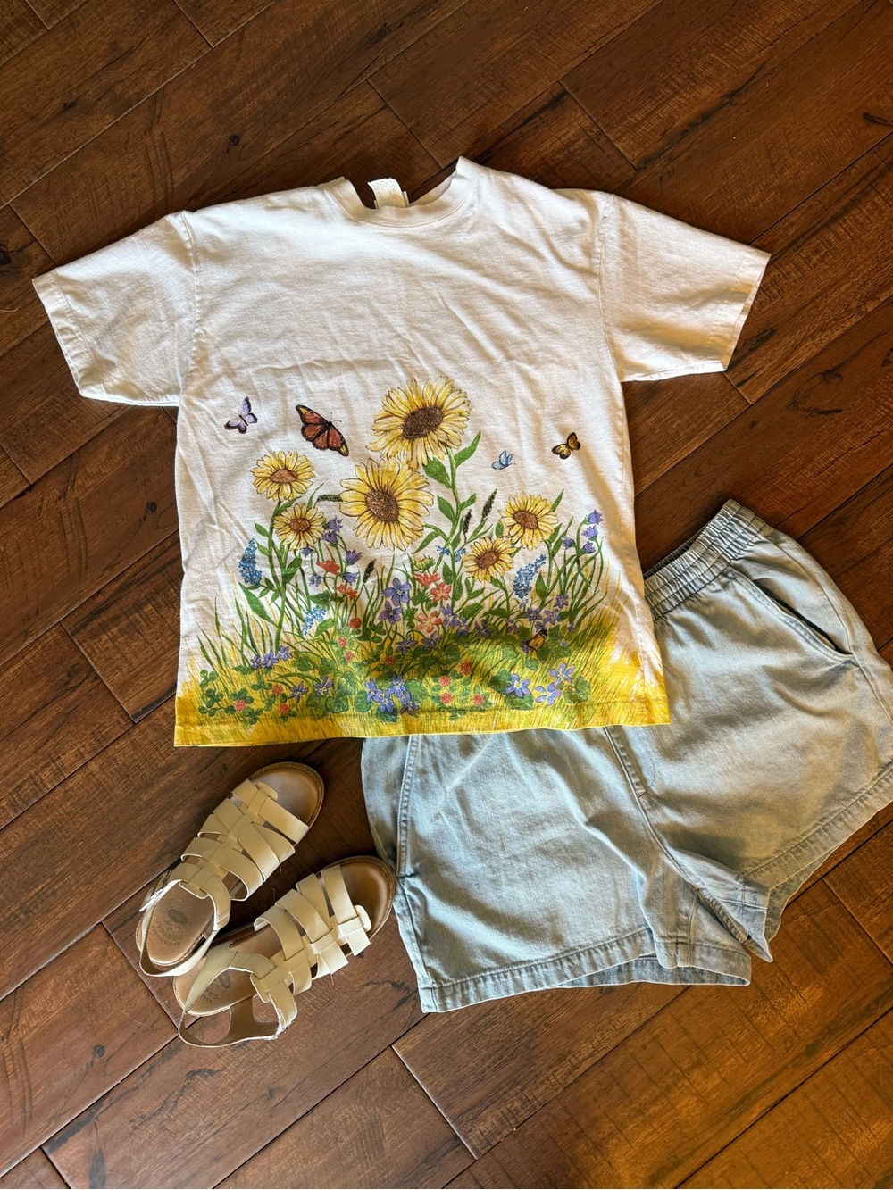 Vintage 90s Basic Editions Sunflower Butterfly Garden Graphic Tee L Cottagecore